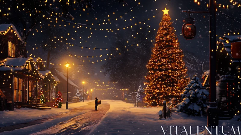 Midnight snowfall crowns the village in glowing festive hush
