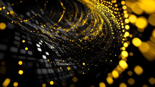 Dynamic swirl of glowing golden particles in digital abstract art.