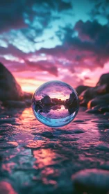 Glass sphere hovers over reflective stream at vivid sunset
