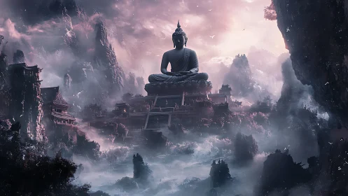 Monumental mountain Buddha in mist-immersed temple valley.