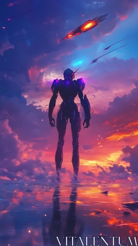Neon mecha sentinel stands over mirrored sunset shore.