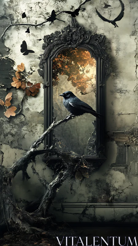 Raven on twisted roots before an autumn mirror portal.