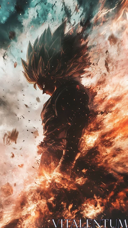 Explosive anime warrior in fiery ascension stormscape.