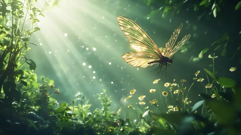 Sunlit forest butterfly drifts through glittering green dust