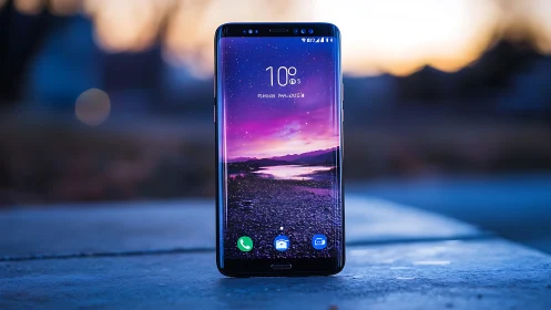 Smartphone with Purple Gradient Landscape Wallpaper.