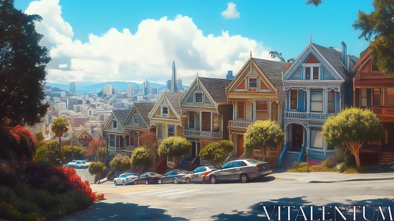 Victorian hillside streetscape with saturated pastel facades.