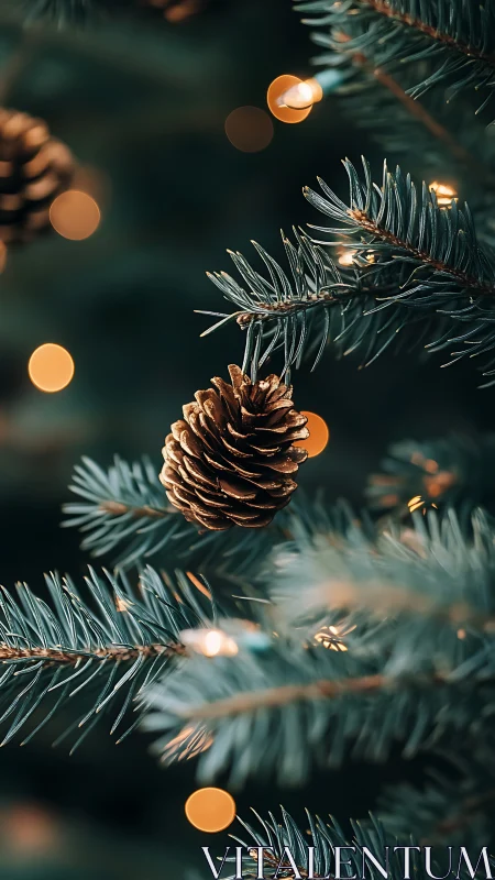 Shallow-focus pinecone ornament on illuminated evergreen boughs.