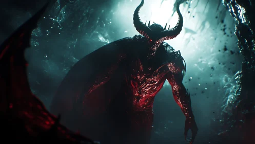 Demonic overlord emerging in bioluminescent cavern gloom.