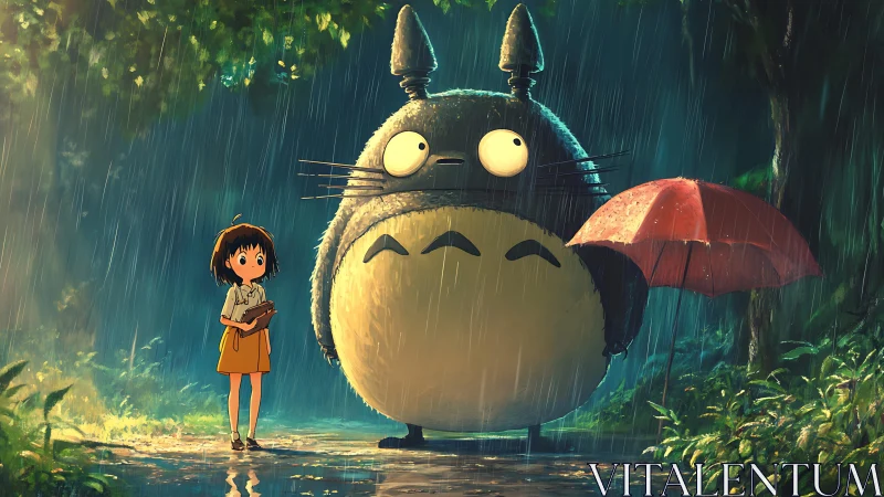 Forest spirit and child sharing red umbrella in rainstorm.