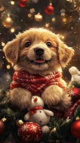 Cozy Christmas puppy wrapped in twinkling baubles and joy.