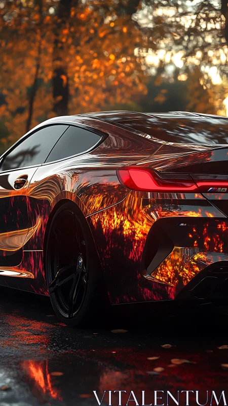 Autumn inferno coupe blazing through molten reflections.