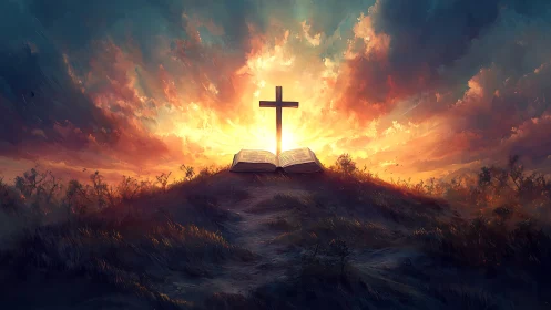 Sunlit scripture crowns a lonely hill beneath blazing skies
