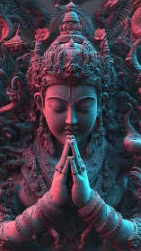 Deity statue with folded hands rendered in detailed 3D lighting