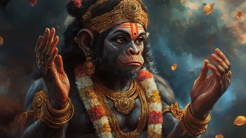 Radiant monkey deity in golden garlands and soft swirling light.