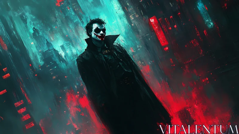 Clown-masked figure in abstract neon urban environment.