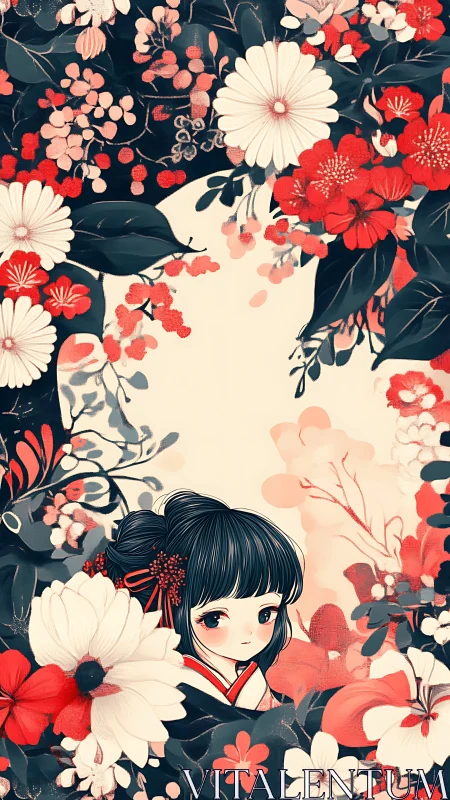 Floral-framed anime portrait with limited red-black palette.
