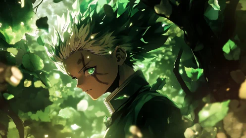 Determined green-haired anime warrior in luminous forest glade
