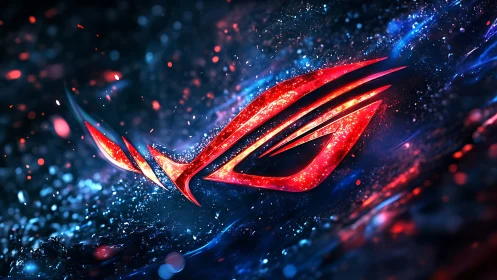 Glowing red gaming emblem slices through electric cosmos.