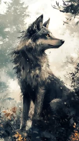 Side profile study of a lone wolf in painterly forest setting.