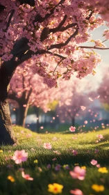 Digital cherry blossom grove under warm spring sunlight.