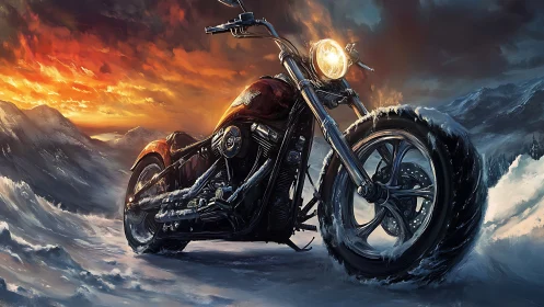 Blazing motorcycle headlight warms a frozen mountain road