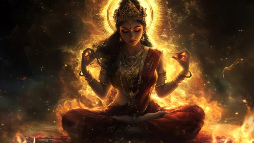 Radiant goddess meditates in a glowing circle of fire