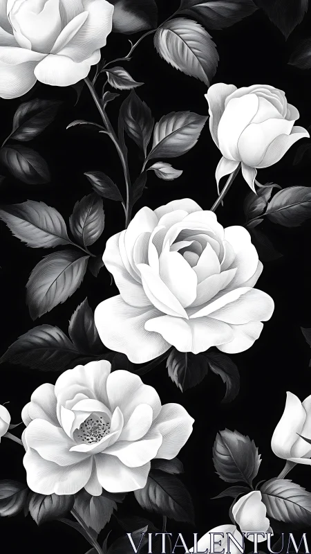 Monochromatic White Roses Against Black Background with Layered Foliage