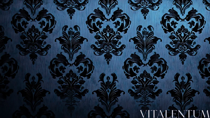 Moody blue damask pattern with softly glowing elegance.