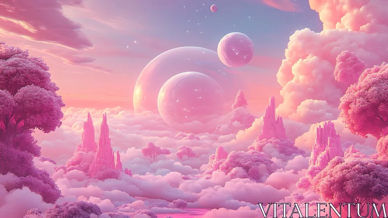 Dreamy pink cloud kingdom under glowing crystal moons.