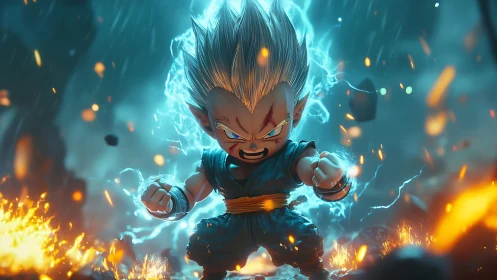 Chibi warrior unleashes crackling blue power amid firestorm.