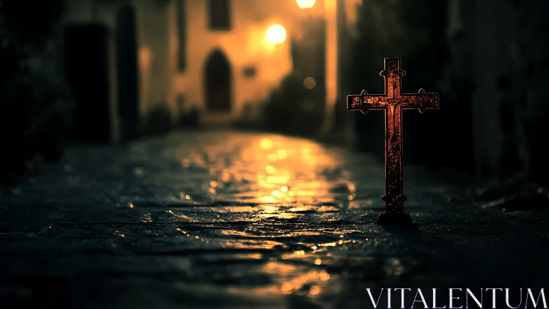 Cross in the rainlit alley, glowing softly against night.
