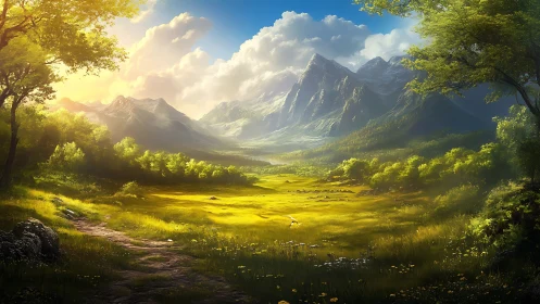 Sunlit valley opens gently beneath towering misty peaks