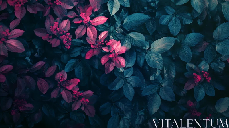 Midnight garden glow with dreamy pink and teal leaves.