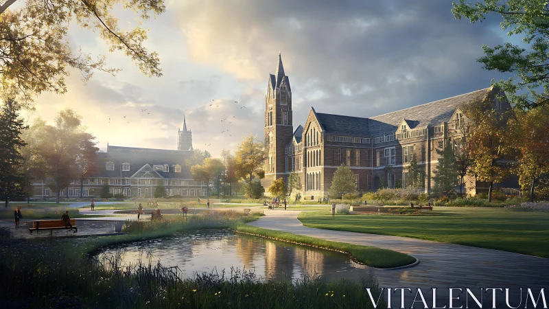 Tranquil college campus with pond and historic brick halls.