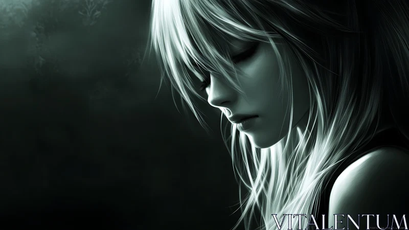 Monochrome anime portrait with cinematic chiaroscuro lighting.