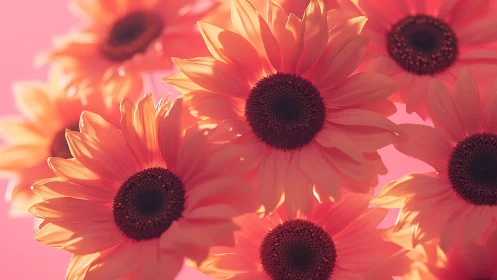 Red and Gold Sunflowers with Deep Burgundy Centers in Warm Light.