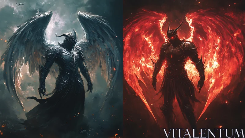 Dual elemental demon knights with ethereal burning wings.