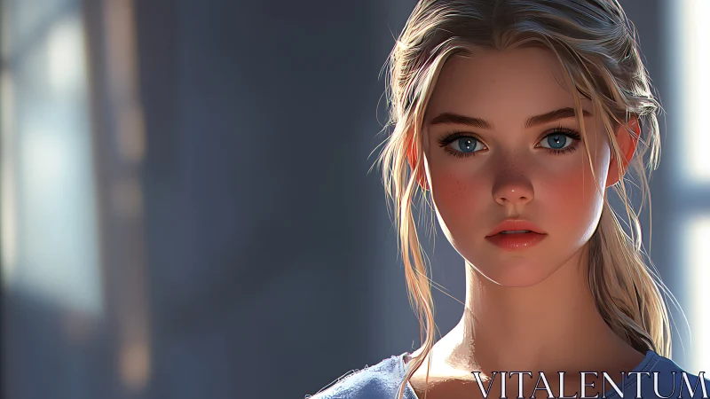 Sunlit freckled daydreamer framed in quiet window glow.