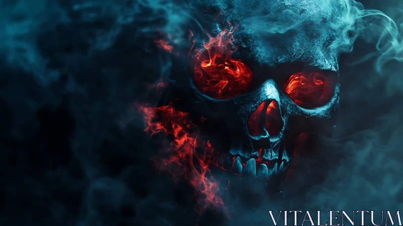 Digital painting skull with infernal fire core and cold haze.