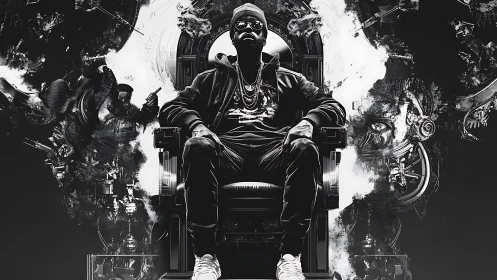 Monochrome throne king in swirling urban mythscape.
