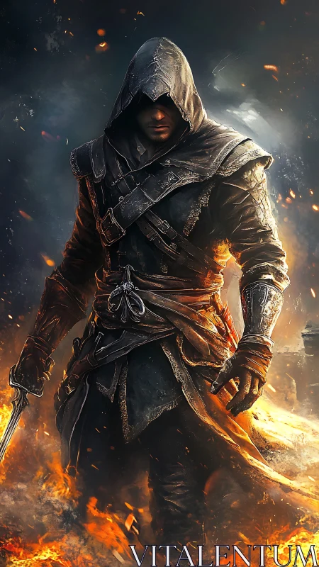 Hooded rogue warrior in layered leather armor amid flames