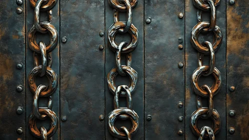 Weathered iron chains aligned on riveted metal plates.