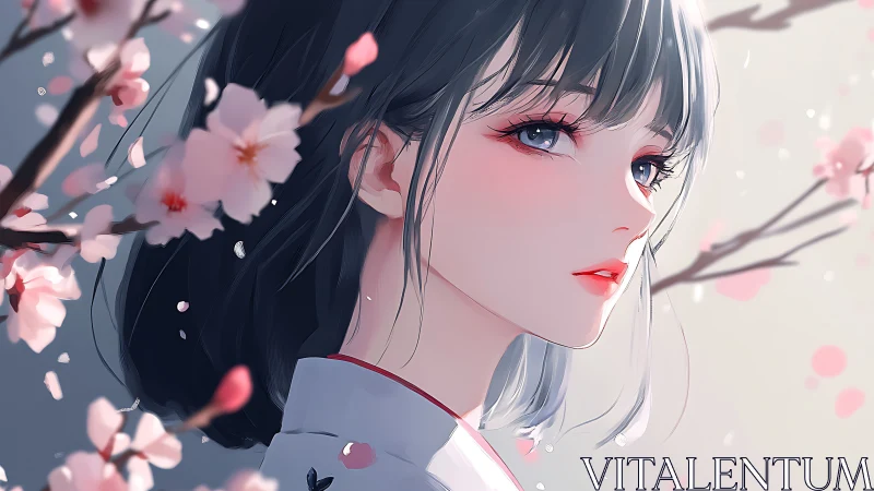 Side profile of woman amid pale blossoms in soft focus.