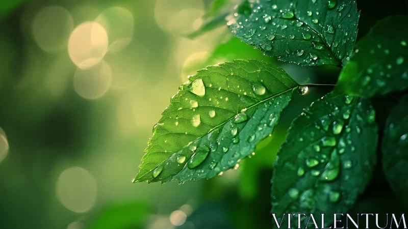 Green leaf macro with fresh raindrops and soft bokeh background.