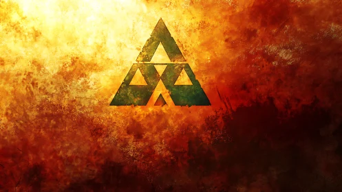 Geometric triangle emblem glows against fiery textured haze