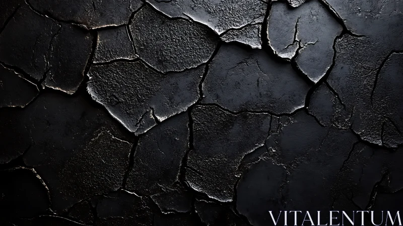 Macro study of cracked black surface under raking light