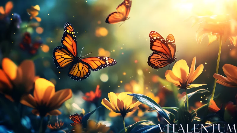 Sunlit butterflies drifting through a dreamy flower meadow.