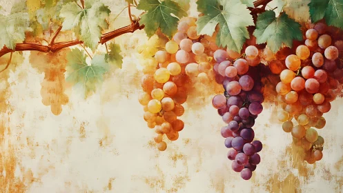 Grape clusters on vine over textured cream background.