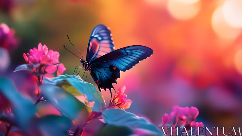 Butterfly rests on flower amid defocused multicolor background