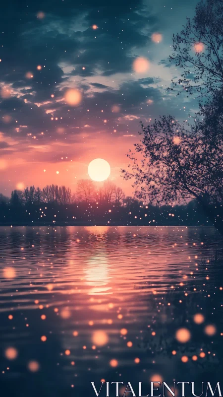 Glowing sunset over calm lake with floating light orbs.